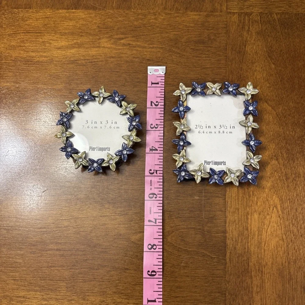Lot Of Two Pier 1 Flower Rhinestone Small Picture Frames Blue/ Gold